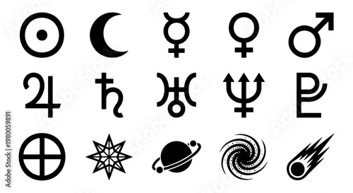 Astrology planet symbols set, 15 black celestial icons for zodiac and astronomy, mystical planetary signs, occult alchemy vector elements