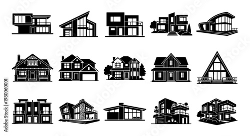 Modern house icons set, black architectural building silhouettes, collection of 15 residential home exterior vector illustrations for real estate