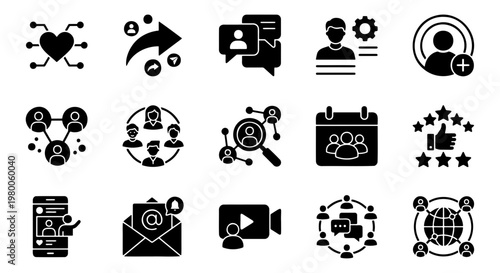 Social media marketing icons set, 15 black solid vector elements for digital networking, community engagement and business communication symbols