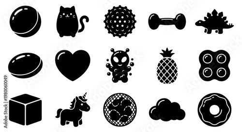 Fidget toy icons set, 15 black silhouette sensory pop it elements, anti stress tactile tools for anxiety relief, simple flat vector graphics