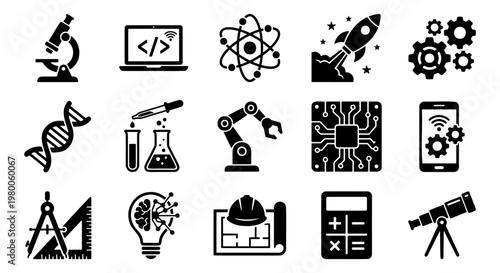 Modern STEM icons set, 15 science and technology vector symbols, black flat engineering and laboratory research signs for education and industry