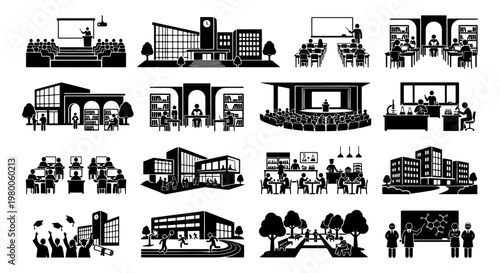 Educational building and university campus life icons, set of 16 black and white school vector illustrations, college classroom and graduation scenes
