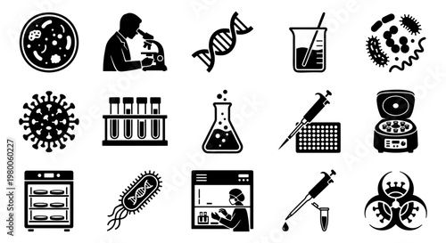Microbiology laboratory icons set, 15 black vector elements for science research, biotechnology lab equipment and virus study symbols