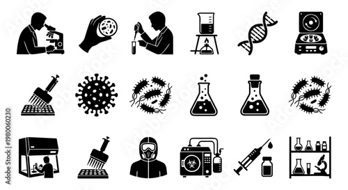 Laboratory science icons set, microbiology research vector elements, 18 black and white biotechnology symbols for medical and chemical testing