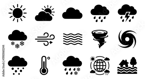 Weather forecast icons set, black minimalist meteorology symbols, 15 climate and natural disaster vector elements for mobile apps and web design