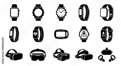 Wearable technology icon set, black smartwatch and fitness tracker silhouettes, virtual reality headset and VR goggles vector collection