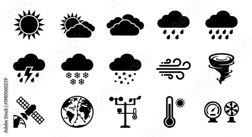 Weather forecast icon set, 15 black meteorology symbols, flat vector climate signs for mobile apps and web interfaces, atmospheric conditions collection