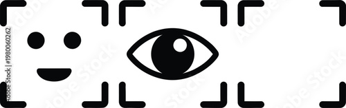 Eye surrounded by abstract symbols and qr code-like patterns