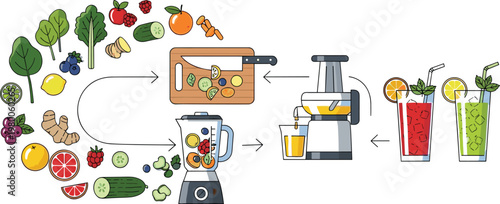 Healthy juice preparation process with fresh fruits vegetables blender extraction and detox drinks illustrating nutrition workflow in flat vector illustration style