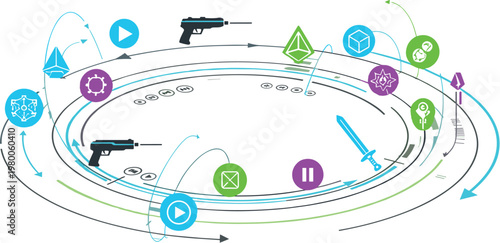 Game development process diagram with assets weapons controls UI elements and gameplay flow illustrated in circular system flat vector illustration style