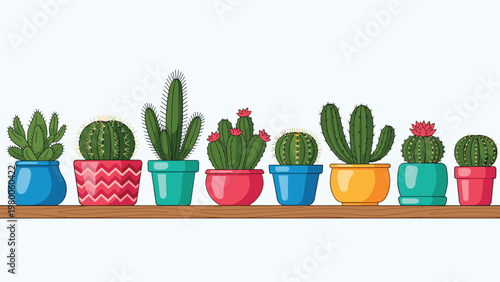 Row of various green cacti and succulents planted in colorful decorative pots, arranged neatly on a warm wooden shelf background.