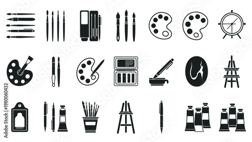 Silhouettes of diverse art supplies including paint brushes, palettes, paint tubes, and easels for artists and creative workshops.