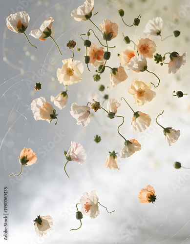 tiny delicate flowers scattered lightly, minimal composition, soft tones, airy background, subtle floral texture