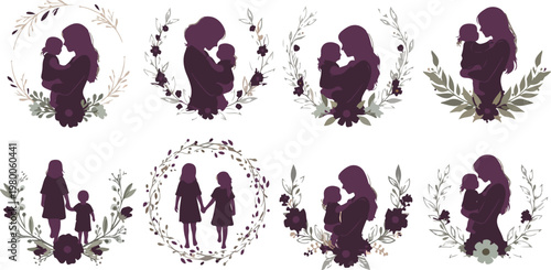 Tableau sur toile Set of silhouettes of mother and child in a floral frame