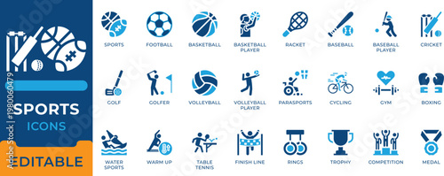 Professional sports icon set featuring football, basketball, cricket, baseball, golf, volleyball, cycling, boxing, gym, water sports, trophy, and athletic competition symbols.