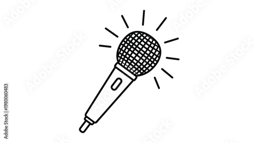 Simple line art drawing of a microphone with sound waves or light rays emanating from it, symbolizing performance or broadcasting.