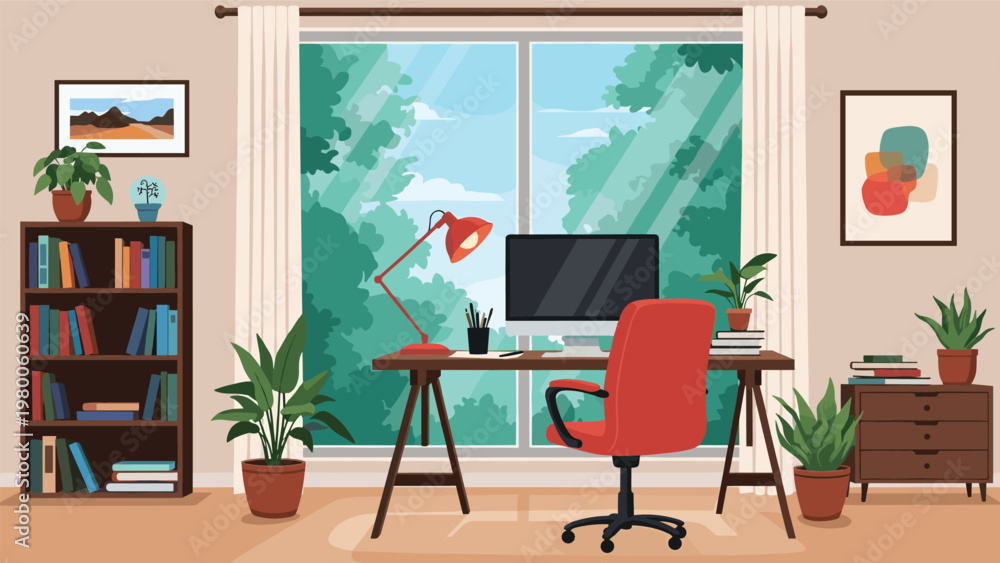 Fototapeta premium Modern and cozy home office workspace with a large window overlooking trees, featuring a desk, computer, red chair, and bookshelf.