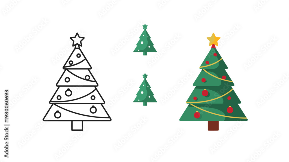 Obraz premium Various styles of Christmas tree illustrations, including a simple line art version and more colorful, decorated options with stars.
