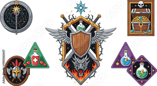 Canvas Print Fantasy emblem collection with magical shields potions treasure chest and mystic