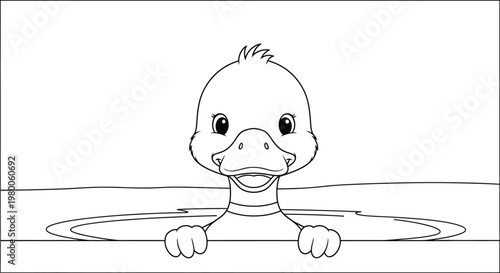Cute baby duckling in a pond coloring page for kids and toddlers