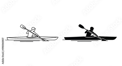 Two kayakers paddling on water depicted in a minimalist black and white silhouette
