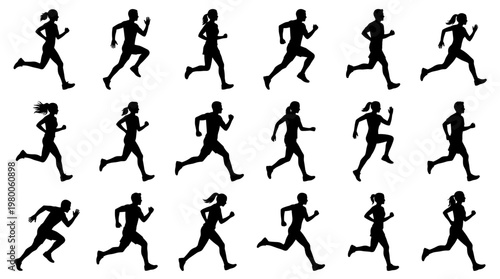 Diverse group of athletic men and women in silhouette running and jogging in dynamic poses representing fitness and healthy lifestyle