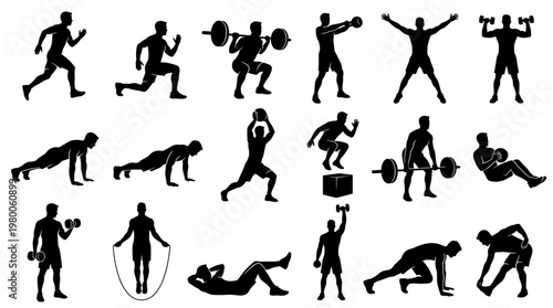 Diverse fitness silhouettes showcasing various exercises and sports activities for a healthy lifestyle and active recreation