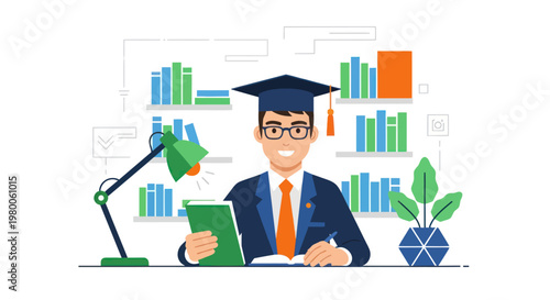 Young man in graduation cap studying.