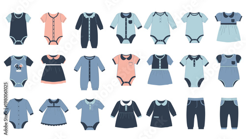 Extensive collection of baby clothing items including onesies, dresses, and pants for infant wardrobe and nursery fashion design.