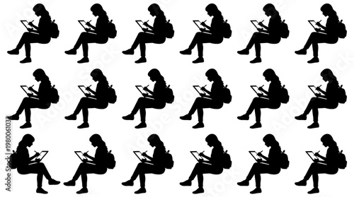 Silhouette of a woman sitting and working on a tablet computer with a backpack, symbolizing remote work and digital nomad lifestyle
