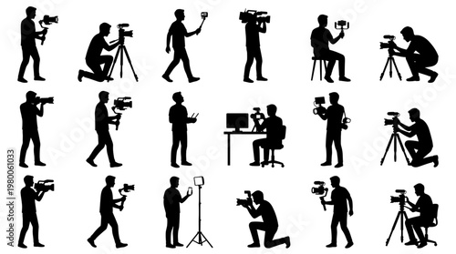 Collection of diverse videographer silhouettes capturing moments with cameras and professional equipment, showcasing modern content creation and filmmaking
