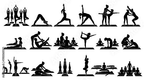 Diverse group of people practicing various yoga poses silhouette demonstrating flexibility balance and wellness in a clean studio setting