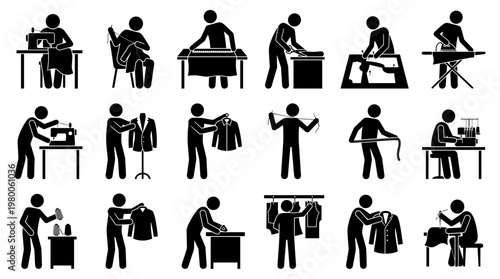 Tailor and Seamstress Professions Icons Set Depicting Sewing Craftsmanship and Fashion Design Activities