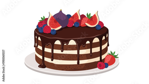 Delicious chocolate layer cake decorated with fresh fig slices and mixed berries rests on a simple white plate background.