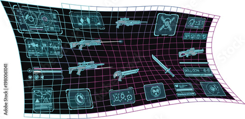 Futuristic gaming HUD interface with weapons selection holographic panels neon grid environment and sci fi user interface elements in flat vector illustration style