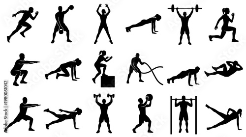 Diverse group of people performing various fitness exercises and sports activities demonstrating healthy lifestyle and active recreation
