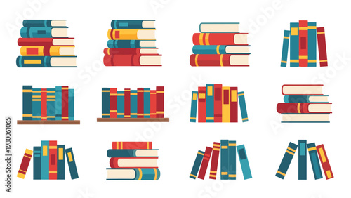 Various book stacks and library shelf arrangements provide a classic literary look for educational or home office decor themes.