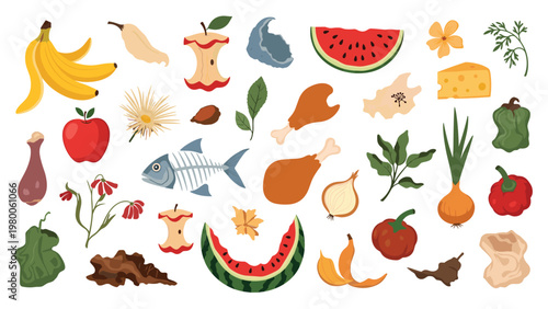 Diverse organic waste collection includes fruit peels, vegetable scraps, and bones suitable for composting and recycling concepts.