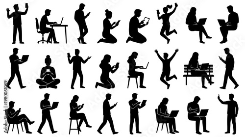 Diverse group of people silhouettes engaged with technology and daily activities, showcasing modern lifestyle and connectivity