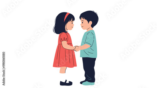 Charming illustration of a young boy and girl holding hands symbolizes childhood friendship and innocent love in a minimalist style.