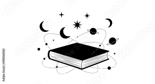 Book with celestial objects around it.