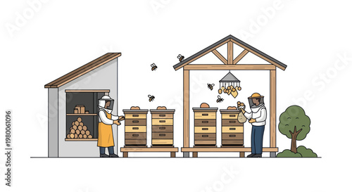 Beekeeper working with honeycomb frames.