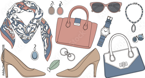 Women fashion accessories collection with handbags, high heels, sunglasses, scarf, jewelry and wristwatch in elegant flat style illustration set