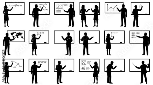 Diverse group of silhouettes teaching and presenting at whiteboards illustrating various subjects like science math geography and business concepts