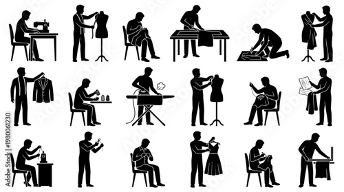 Collection of black and white illustrations depicting tailors and seamstresses engaged in various sewing and tailoring activities