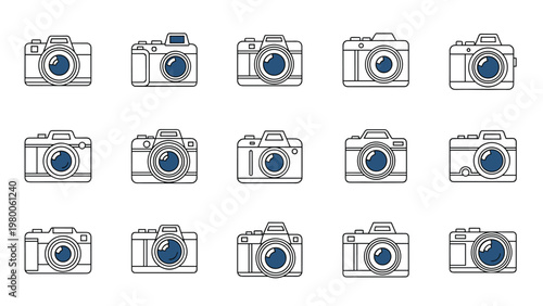 Detailed set of various camera icons representing different photographic equipment types for media, tech, and creative art projects.