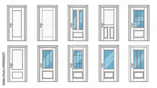Selection of modern white interior door designs with various glass pane configurations and hardware styles for home renovation.