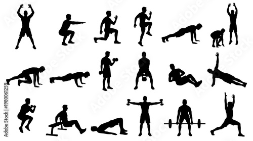 Collection of diverse fitness exercises silhouettes demonstrating strength training cardio and flexibility movements for a healthy active lifestyle