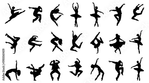 Dynamic dance silhouettes showcasing various ballet hip hop and contemporary poses against a clean white background vibrant energy and artistic expression