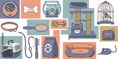Pet care accessories collection with cat and dog items including food bowl, leash, carrier, toys, scratching post and grooming tools in flat illustration